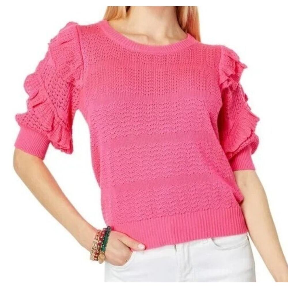 NWT Lilly Pulitzer Isabeli Pink Isle Sweater XL Ruffle Crochet Knit